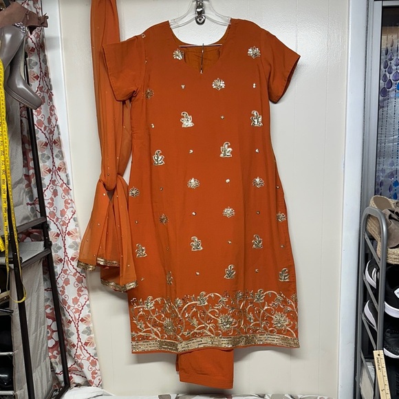 Orange Embroidered Sequins Kurta Set - Picture 1 of 12